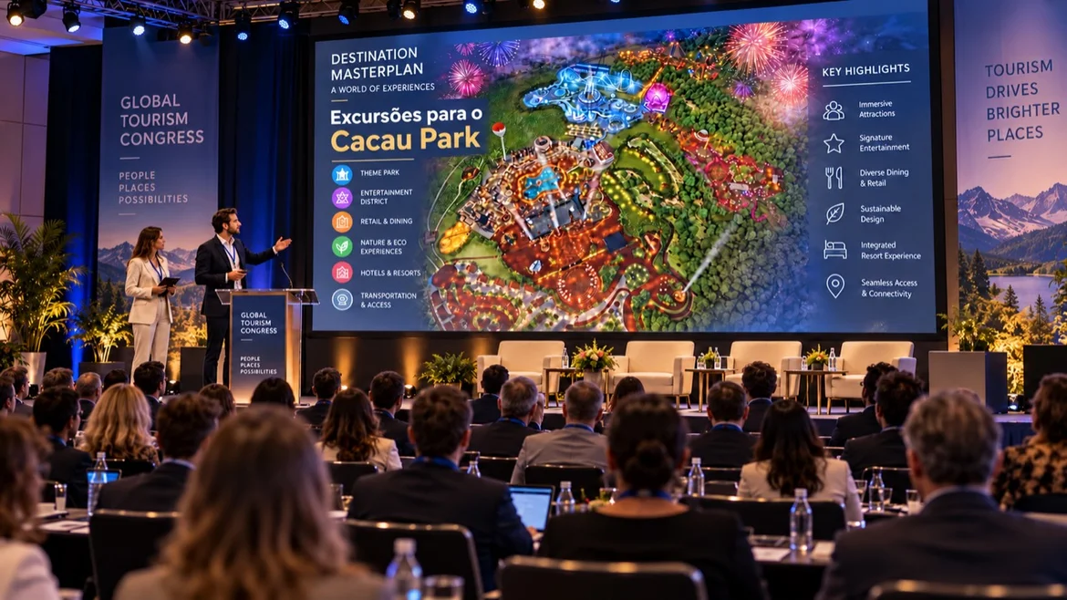 Imagem ilustrativa de uma apresentação sobre turismo diante de um público em auditório.