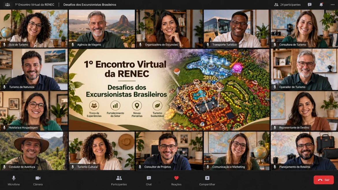 Ilustração de uma videoconferência com o título do primeiro encontro virtual da RENEC.