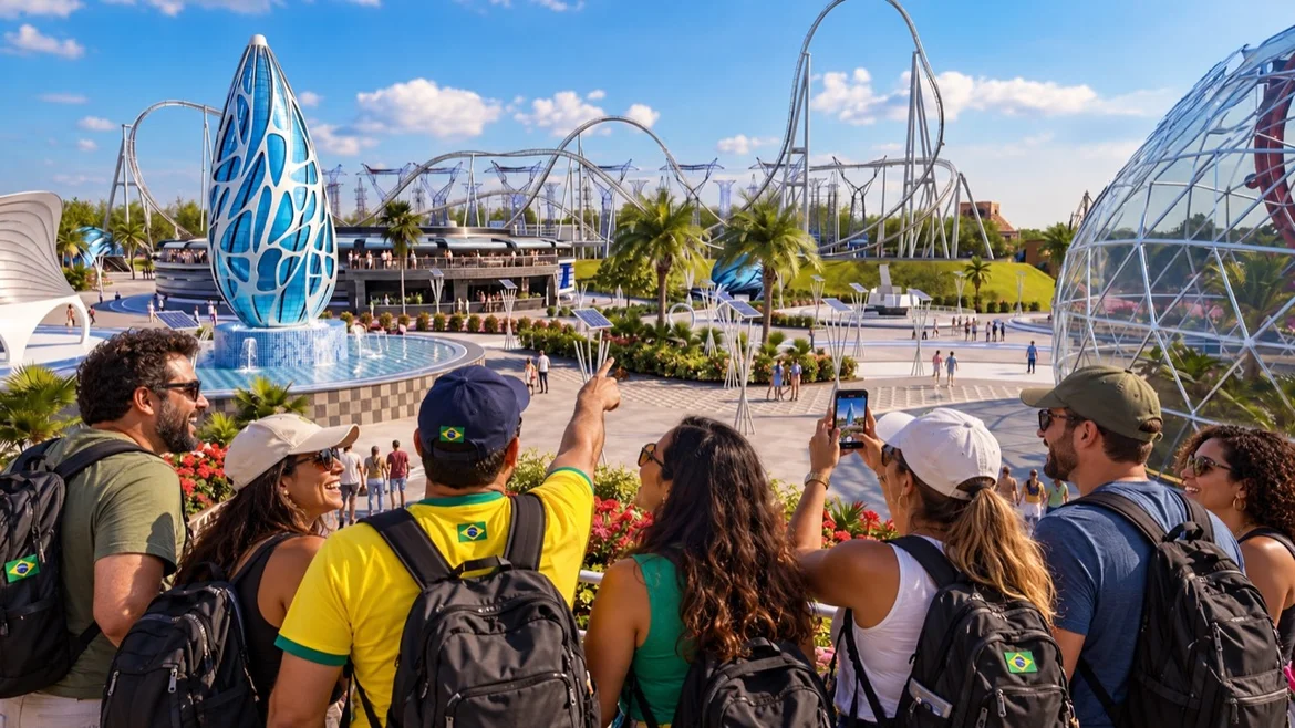 Imagem ilustrativa de um grupo de visitantes com mochilas observando uma área temática com atrações.