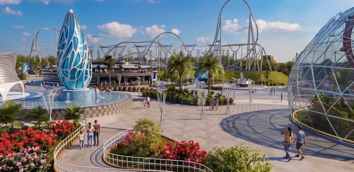 Imagem de referência de uma praça com estruturas futuristas e atrações ao fundo.